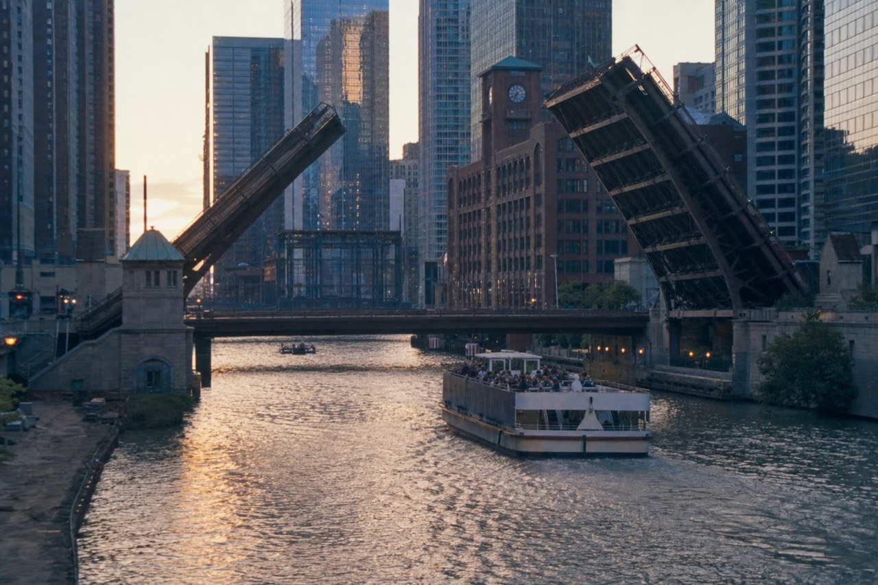 A tour boat passing under a bascule bridge on the Chicago River at golden hour, no text, no logos, no people.