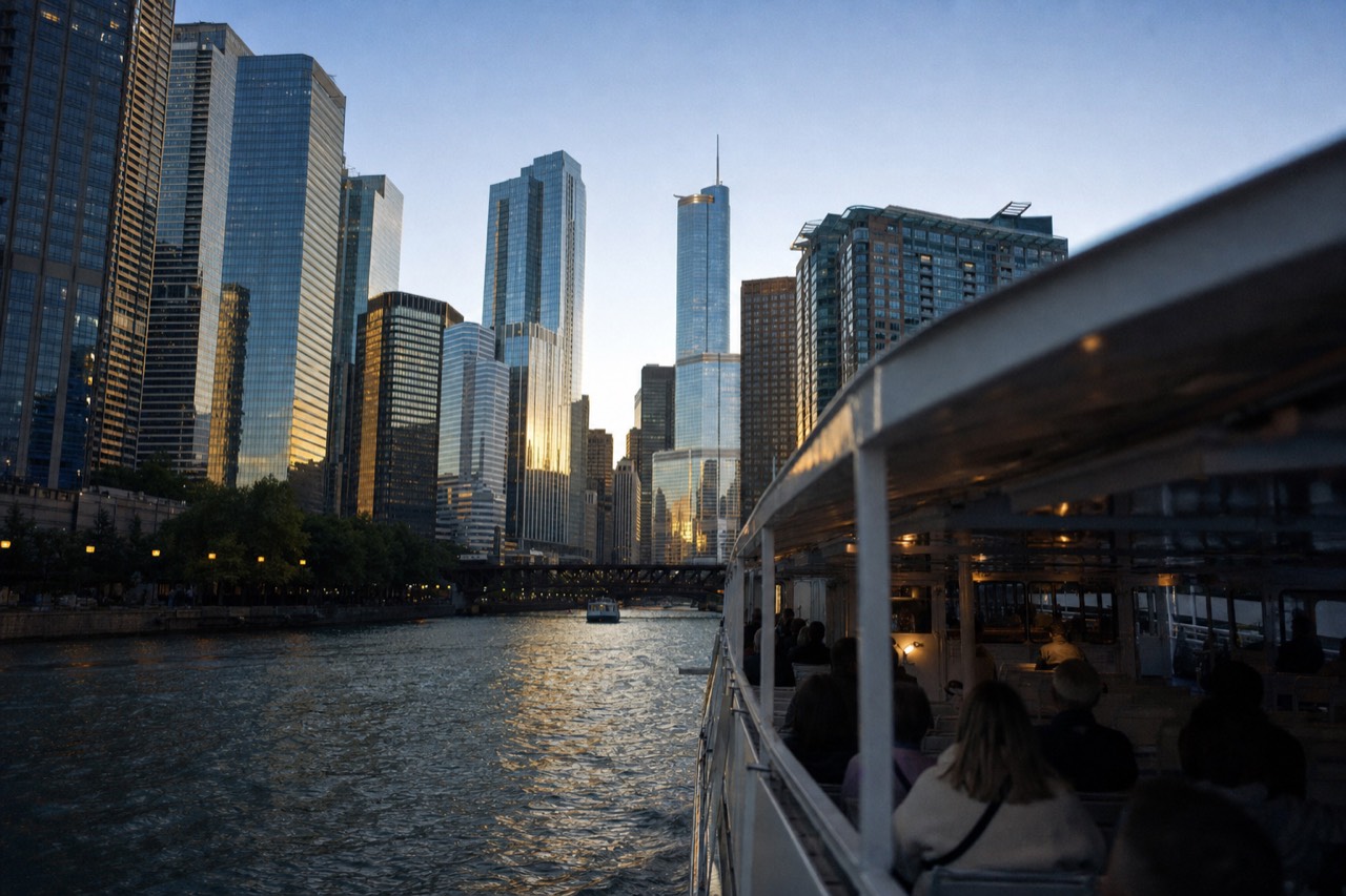 A Chicago architecture cruise boat passing downtown towers on the river, no text, no logos, no people.