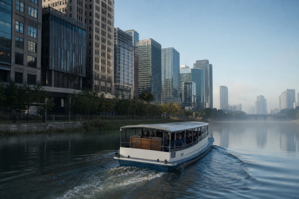 A tour boat cruising the Chicago River at golden hour between downtown towers, no text, no logos, no people.