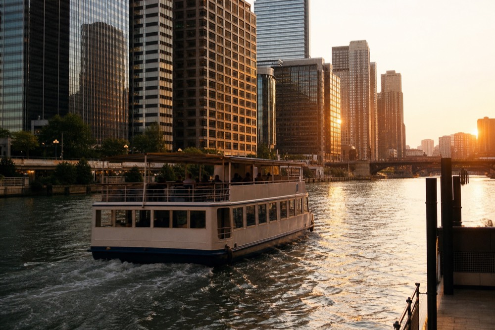 Tour boats docked along the Chicago Riverwalk near the Michigan Avenue bridge, no text, no logos, no people